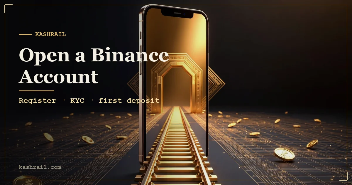 Illustration of a phone screen showing a Binance signup form next to a mobile wallet app icon