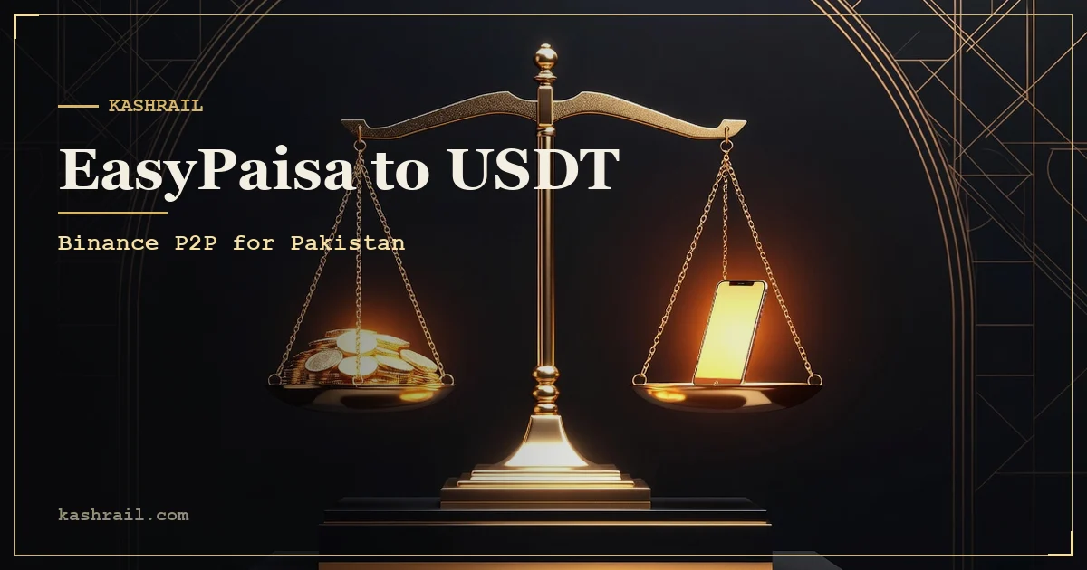 Illustration of an EasyPaisa mobile wallet screen next to a Binance P2P order card