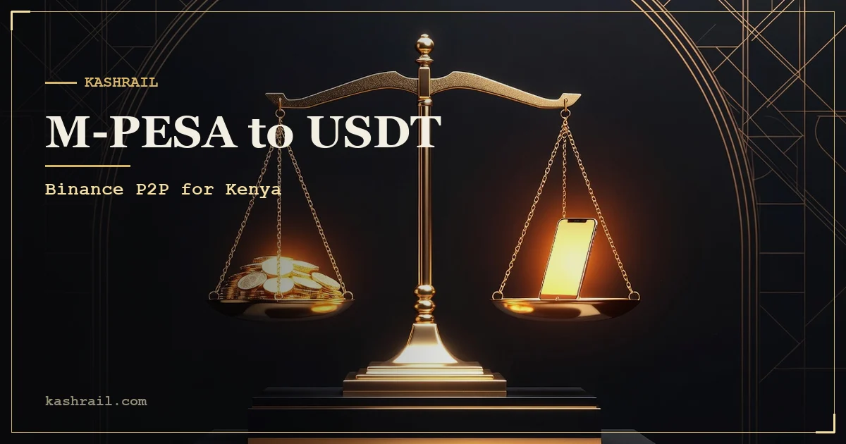 Illustration of an M-PESA menu screen next to a Binance trading interface, connected by a payment arrow
