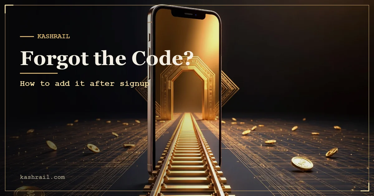 Illustration of a Binance signup screen with an empty referral code field and a hand reaching to fill it in late