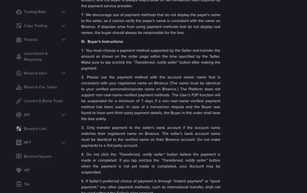 Binance support centre page in dark mode showing the Buyer's Instructions section of the P2P User Transaction Policy, items 1 to 5, including the rule on the payment account owner's name