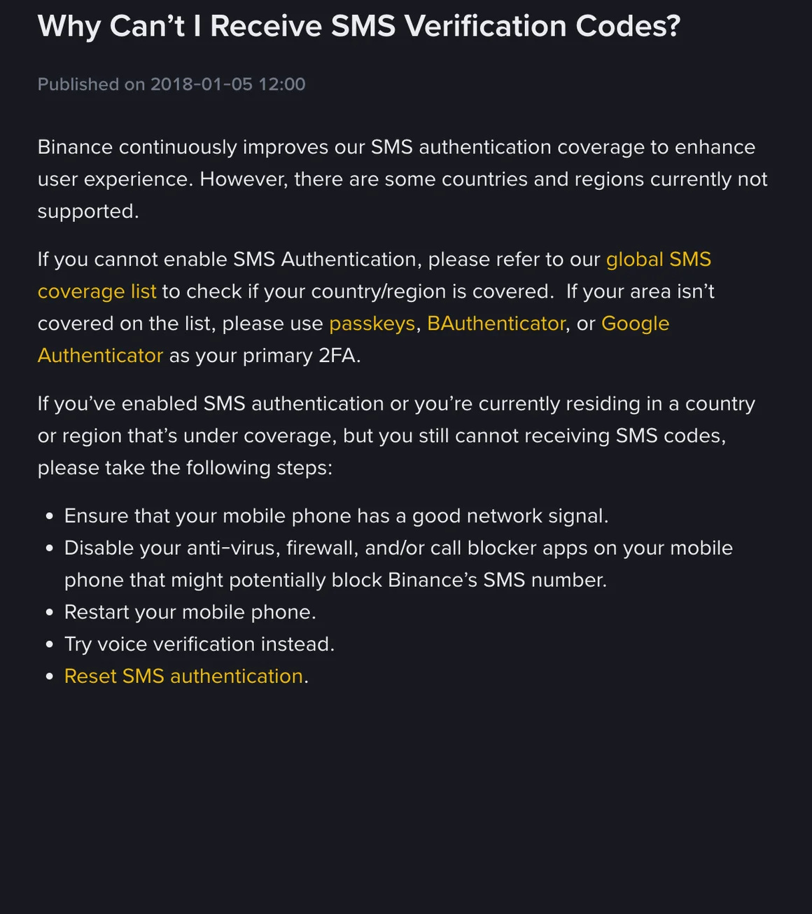 Binance Help Center article Why Can’t I Receive SMS Verification Codes?, with a note on countries outside SMS coverage and a five-point list of steps to try