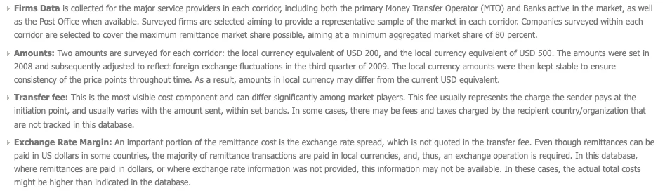 World Bank Remittance Prices Worldwide methodology page showing the end of the Firms Data paragraph, followed by three short paragraphs headed Amounts, Transfer fee and Exchange Rate Margin, including the sentence that the exchange rate spread is not quoted in the transfer fee